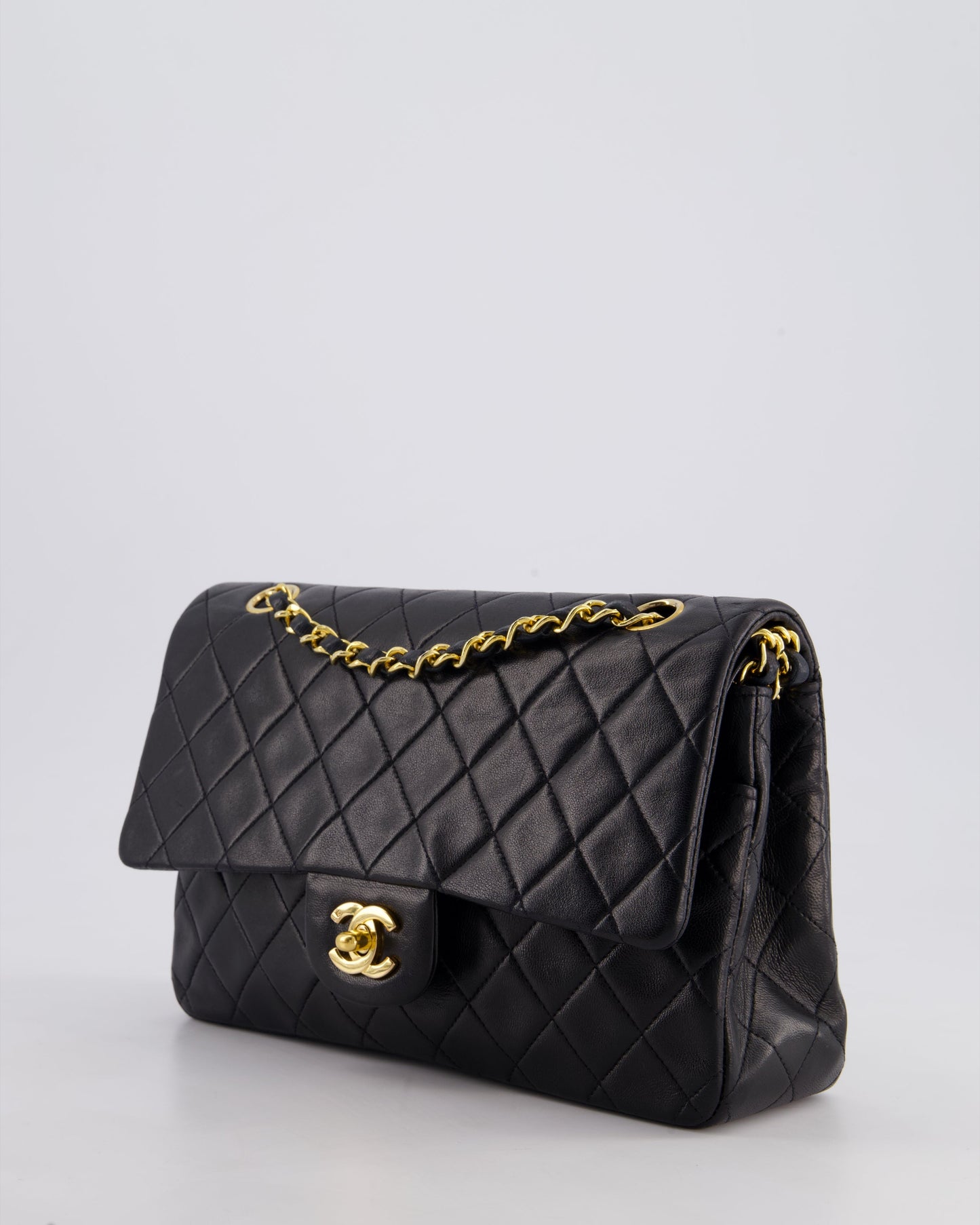 Chanel Vintage Black Classic Medium Double Flap Bag in Lambskin Leather with 24k Gold Hardware