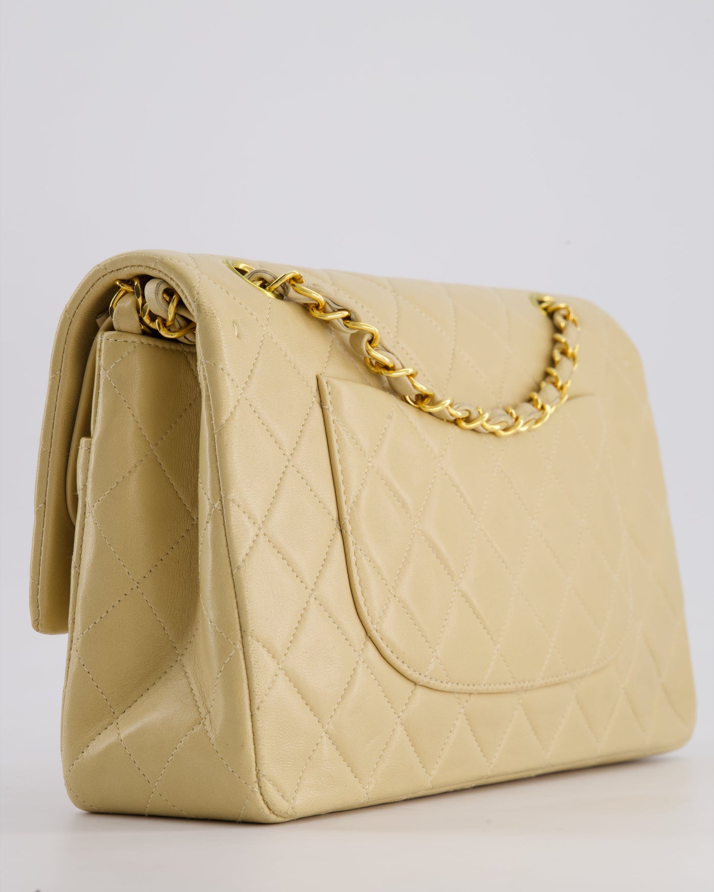 Chanel Vintage Beige Classic Medium Double Flap Bag in Lambskin Leather with 24k Gold Hardware