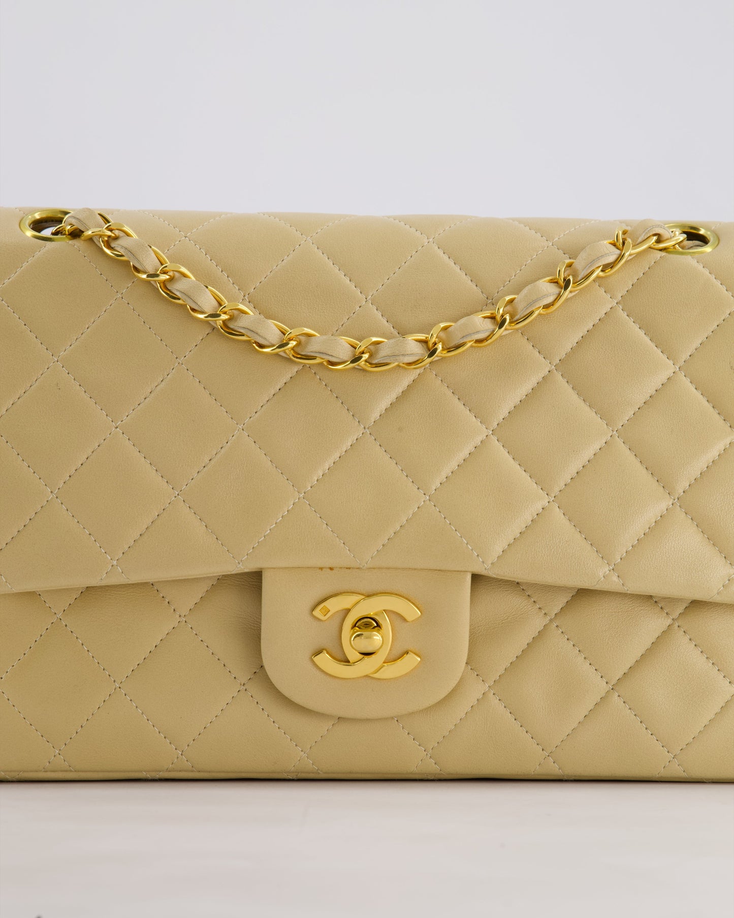 Chanel Vintage Beige Classic Medium Double Flap Bag in Lambskin Leather with 24k Gold Hardware