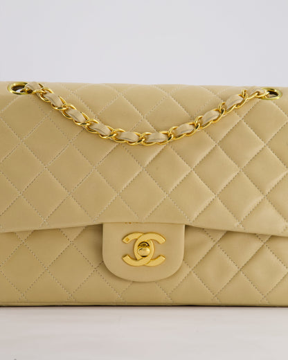 Chanel Vintage Beige Classic Medium Double Flap Bag in Lambskin Leather with 24k Gold Hardware