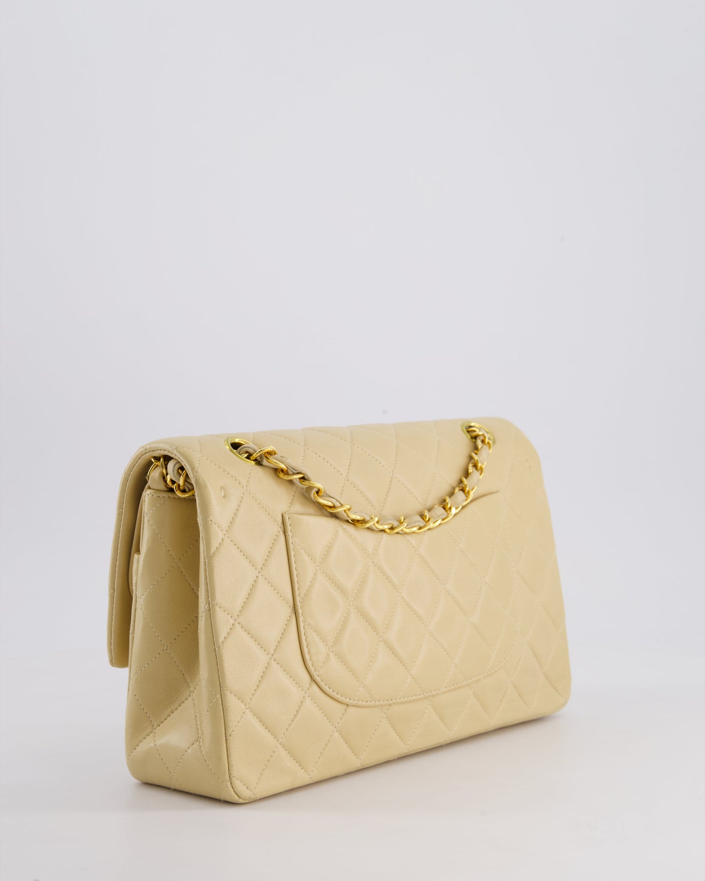 Chanel Vintage Beige Classic Medium Double Flap Bag in Lambskin Leather with 24k Gold Hardware