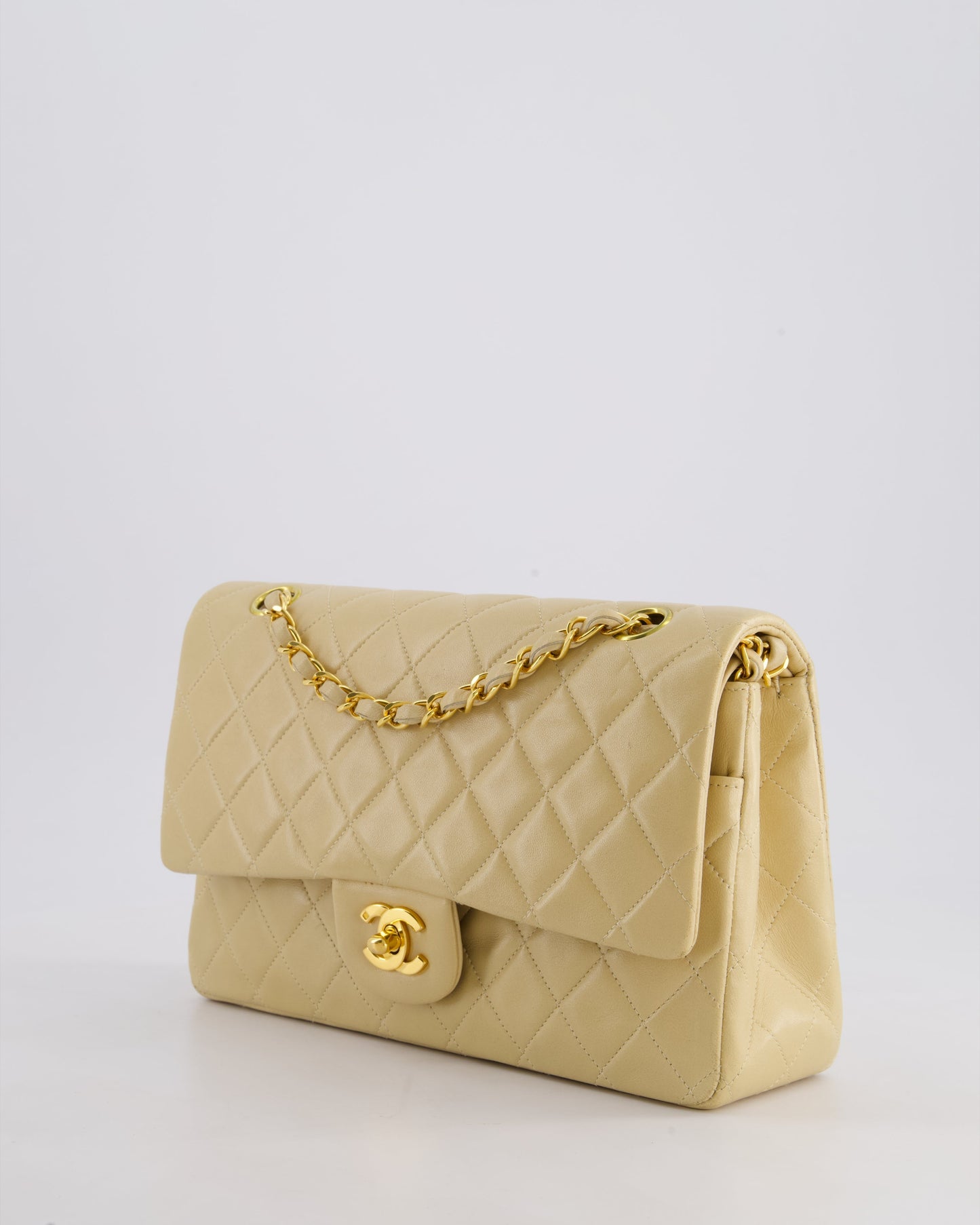 Chanel Vintage Beige Classic Medium Double Flap Bag in Lambskin Leather with 24k Gold Hardware