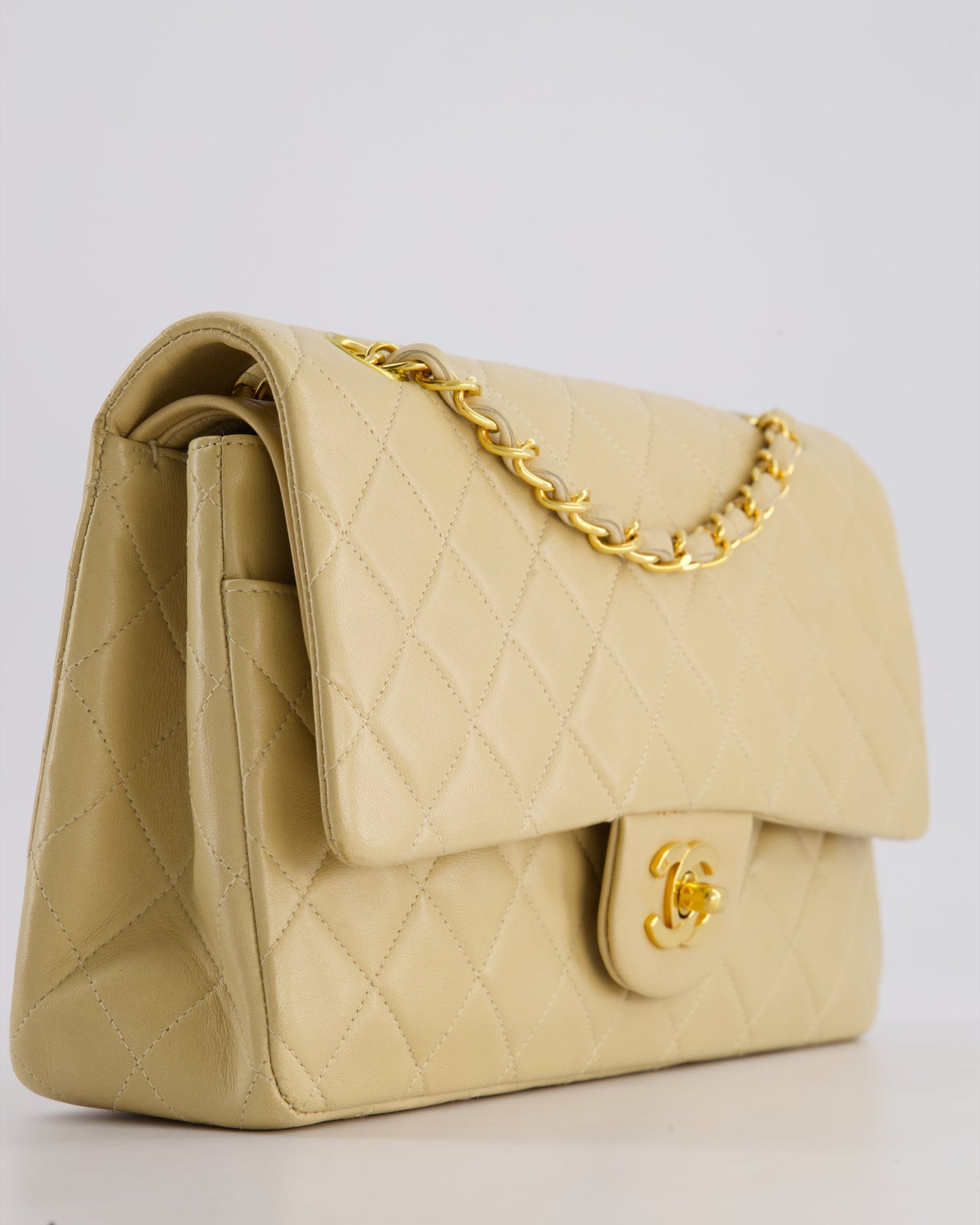 Chanel Vintage Beige Classic Medium Double Flap Bag in Lambskin Leather with 24k Gold Hardware