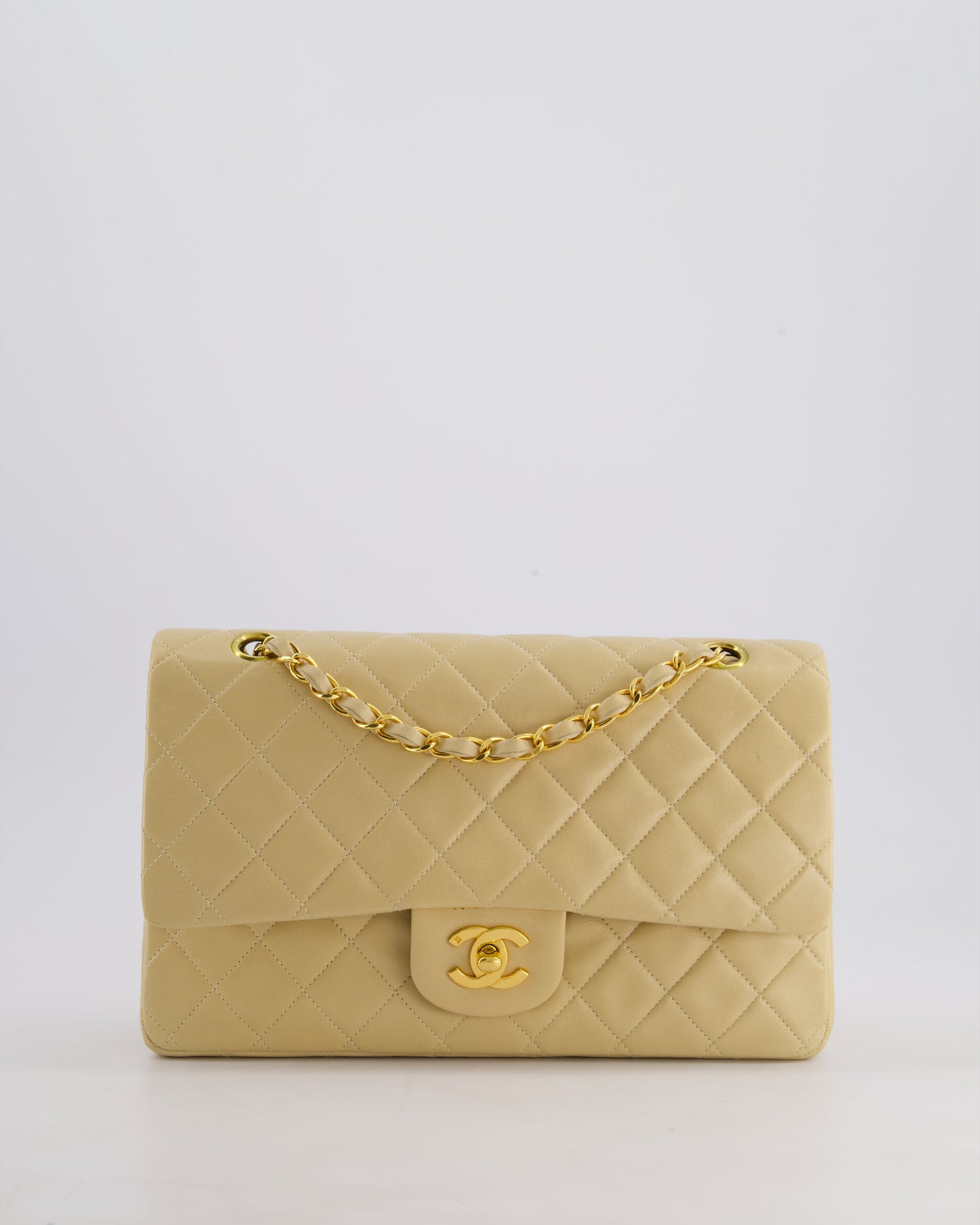 Chanel Vintage Beige Classic Medium Double Flap Bag in Lambskin Leather with 24k Gold Hardware