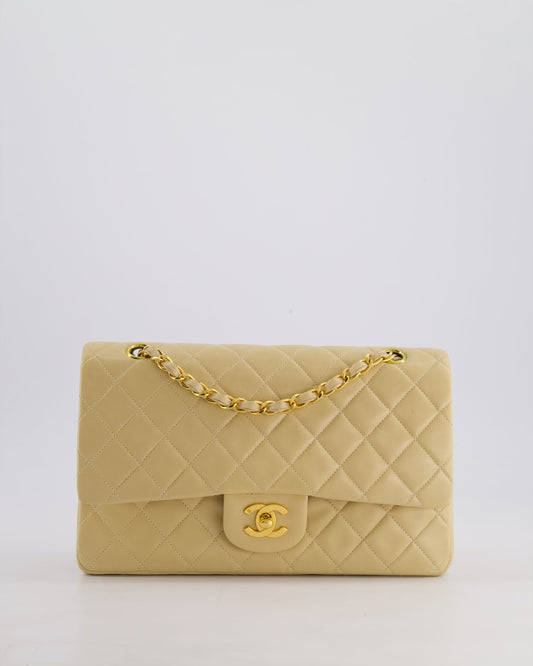 Chanel Vintage Beige Classic Medium Double Flap Bag in Lambskin Leather with 24k Gold Hardware