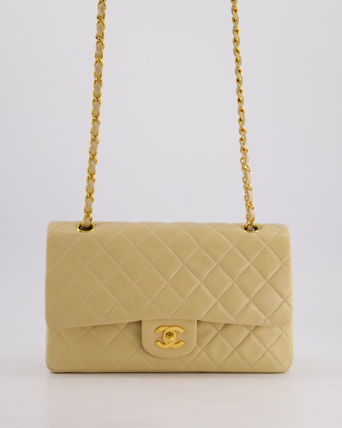 Chanel Vintage Beige Classic Medium Double Flap Bag in Lambskin Leather with 24k Gold Hardware