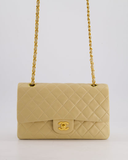 Chanel Vintage Beige Classic Medium Double Flap Bag in Lambskin Leather with 24k Gold Hardware