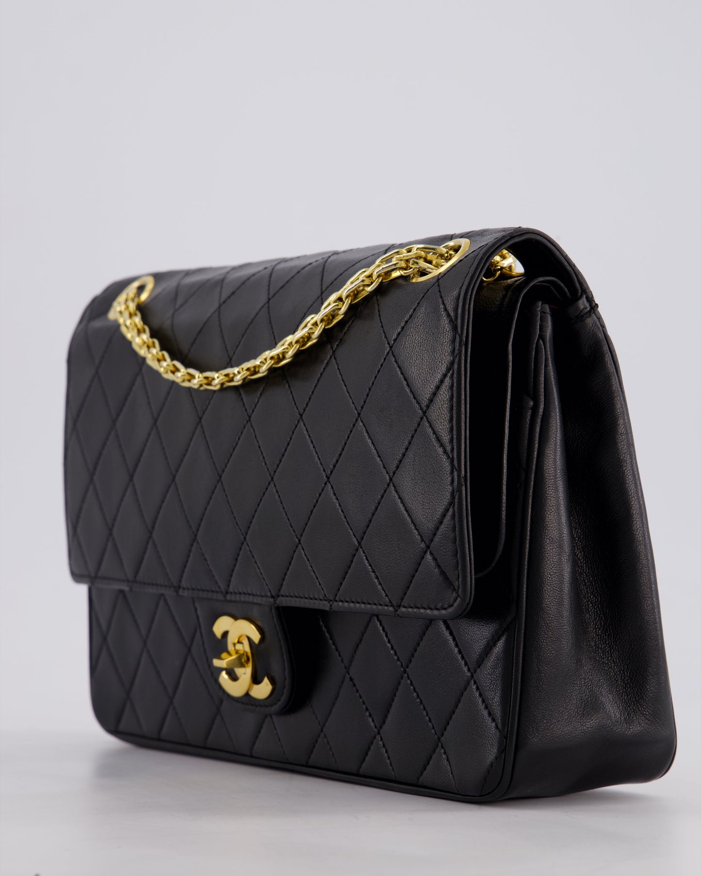 *RARE VINTAGE* Chanel Vintage Black Medium Classic Double Flap Bag in Lambskin Leather with 24k Gold Hardware and Mademoiselle Chain