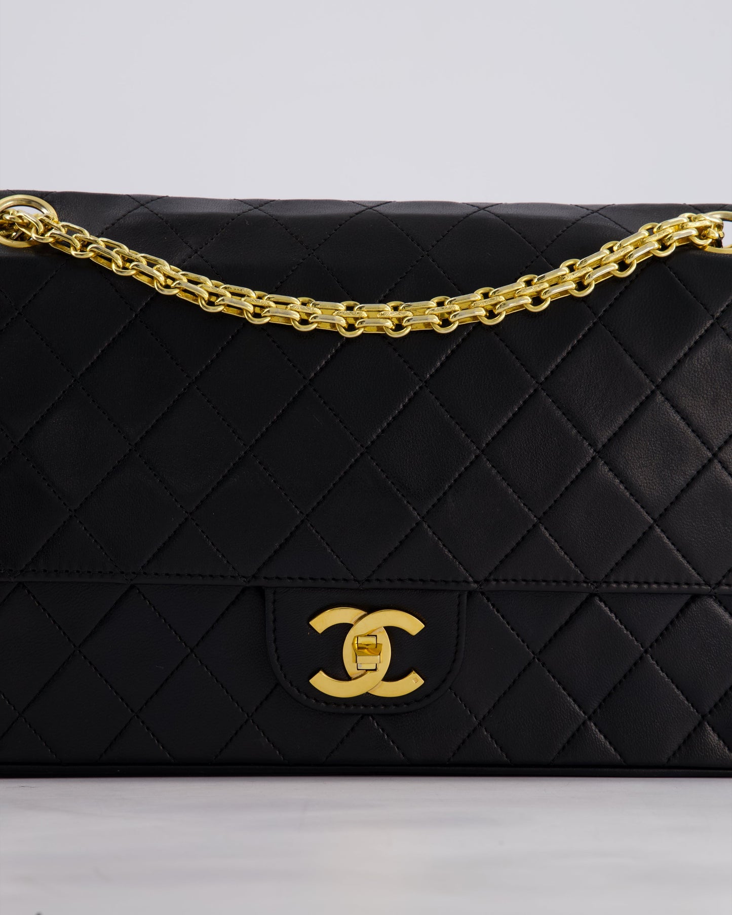 *RARE VINTAGE* Chanel Vintage Black Medium Classic Double Flap Bag in Lambskin Leather with 24k Gold Hardware and Mademoiselle Chain