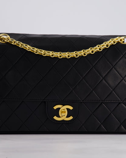 *RARE VINTAGE* Chanel Vintage Black Medium Classic Double Flap Bag in Lambskin Leather with 24k Gold Hardware and Mademoiselle Chain