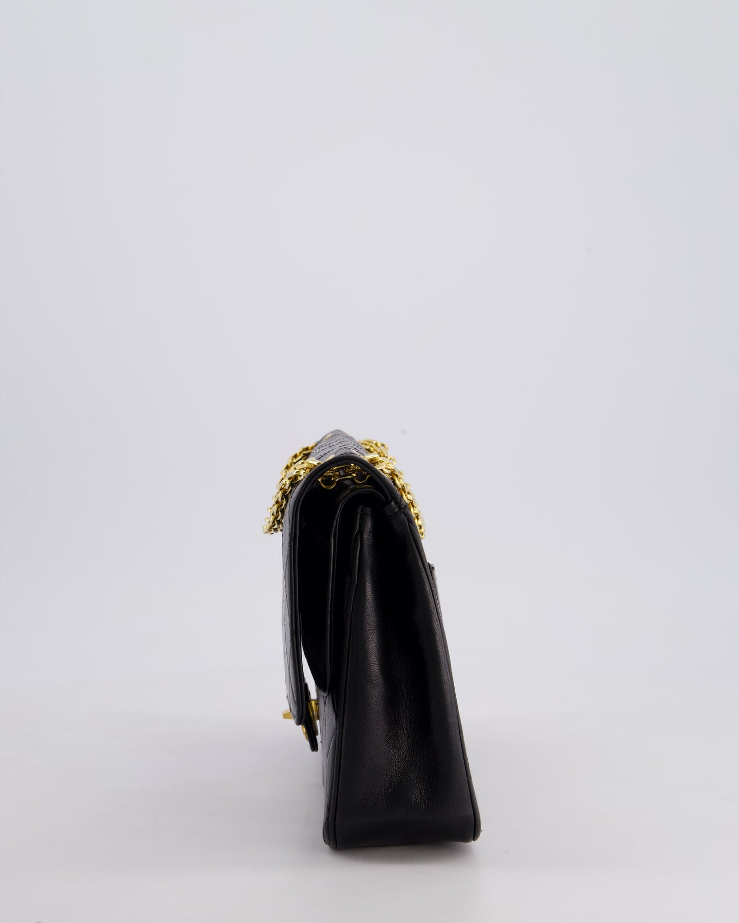 *RARE VINTAGE* Chanel Vintage Black Medium Classic Double Flap Bag in Lambskin Leather with 24k Gold Hardware and Mademoiselle Chain