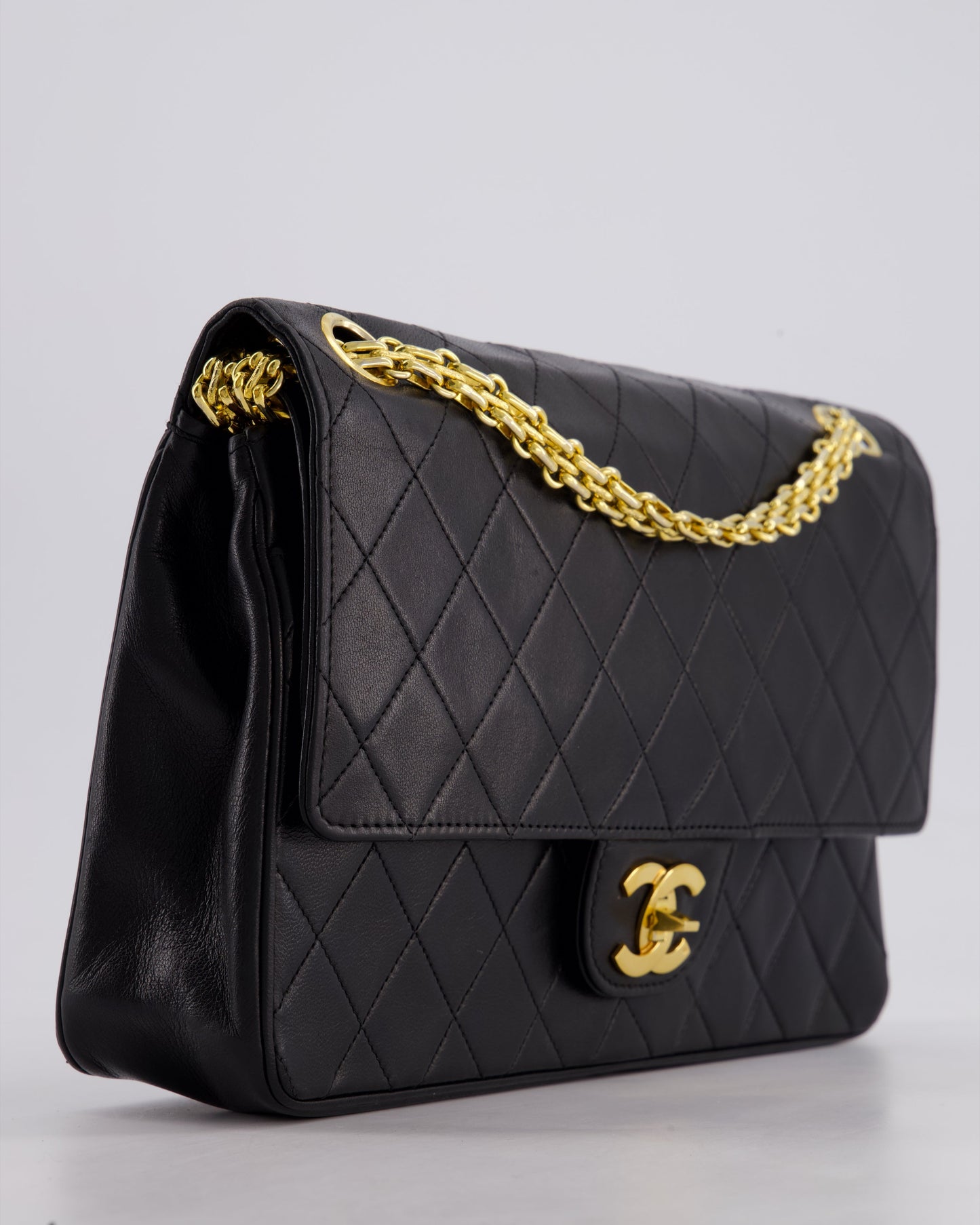 *RARE VINTAGE* Chanel Vintage Black Medium Classic Double Flap Bag in Lambskin Leather with 24k Gold Hardware and Mademoiselle Chain