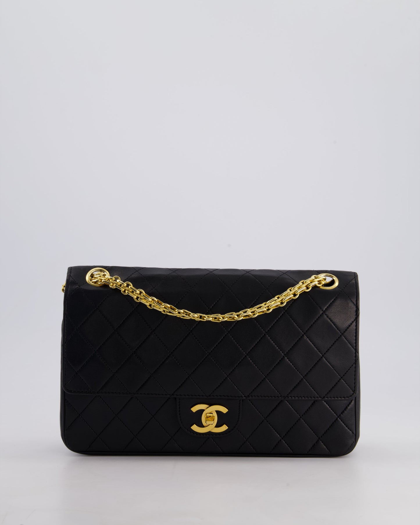 *RARE VINTAGE* Chanel Vintage Black Medium Classic Double Flap Bag in Lambskin Leather with 24k Gold Hardware and Mademoiselle Chain