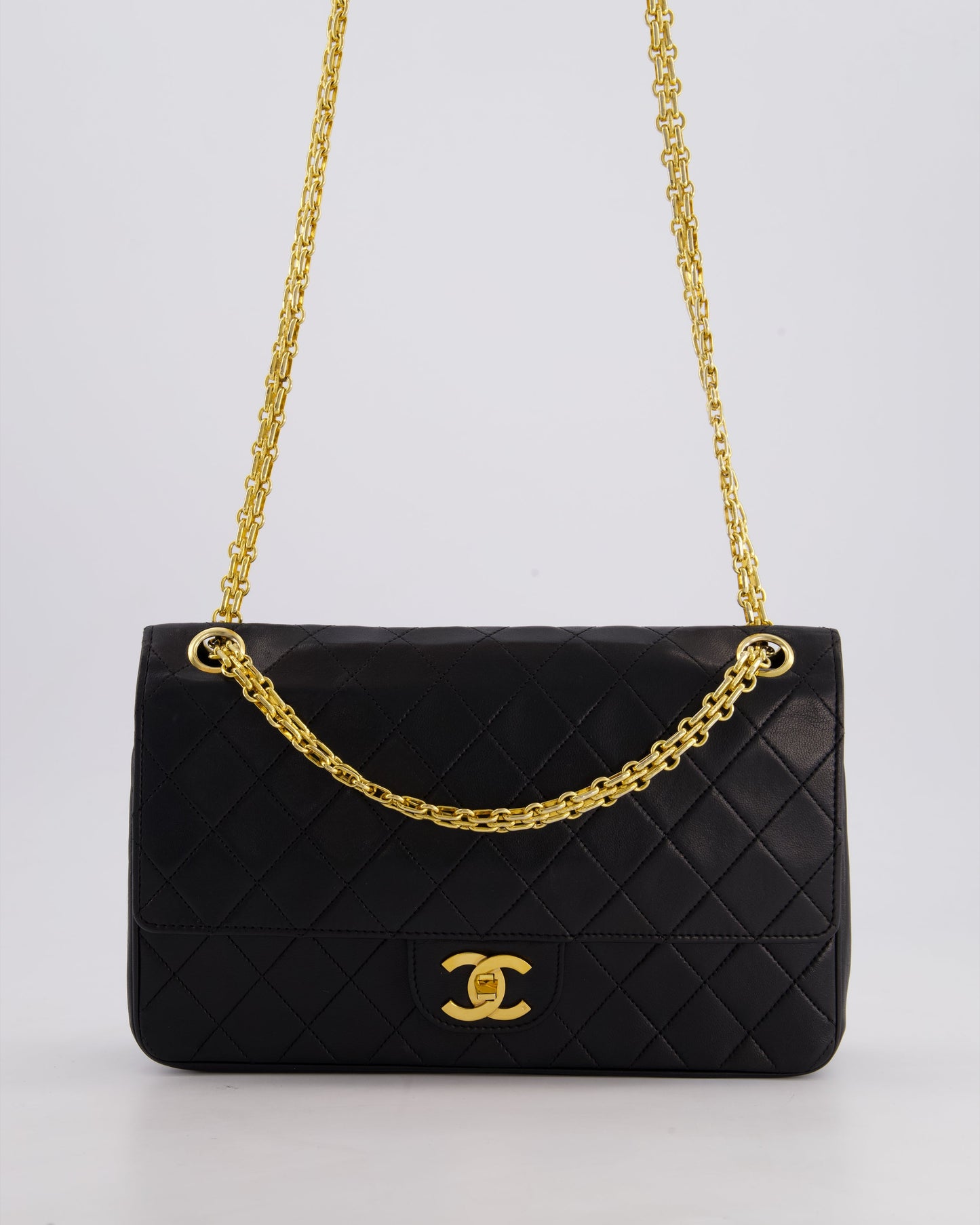 *RARE VINTAGE* Chanel Vintage Black Medium Classic Double Flap Bag in Lambskin Leather with 24k Gold Hardware and Mademoiselle Chain