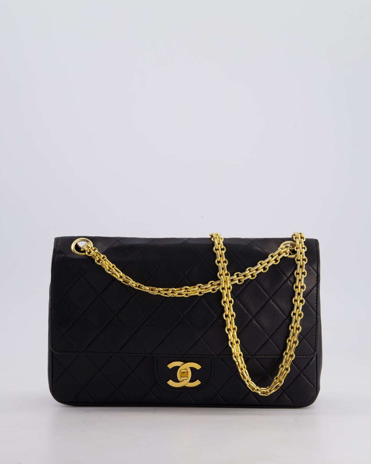 *RARE VINTAGE* Chanel Vintage Black Medium Classic Double Flap Bag in Lambskin Leather with 24k Gold Hardware and Mademoiselle Chain
