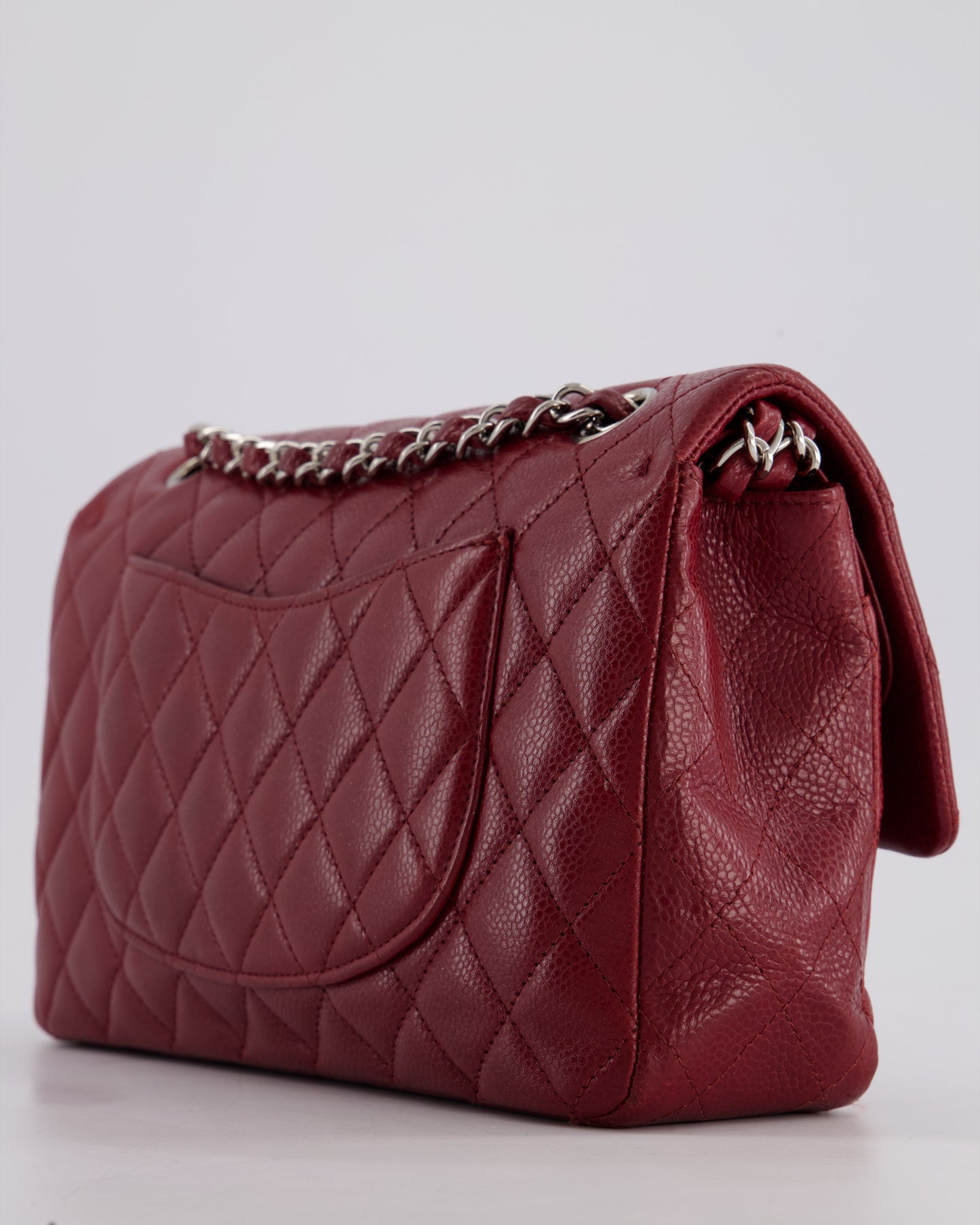 Chanel Burgundy Classic Medium Double Flap Bag in Caviar Leather with Silver Hardware