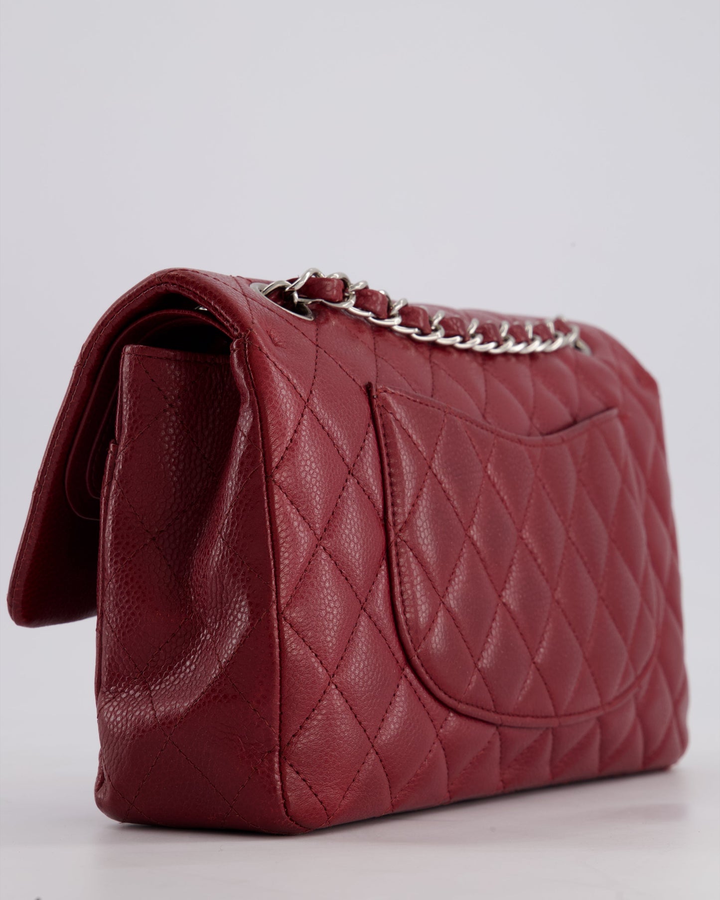 Chanel Burgundy Classic Medium Double Flap Bag in Caviar Leather with Silver Hardware