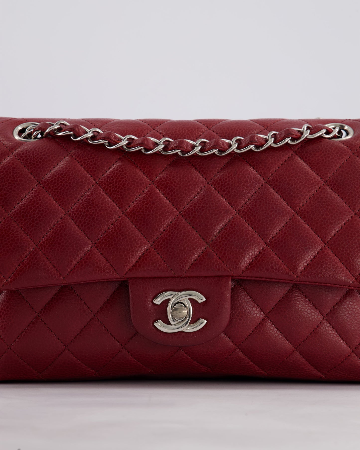 Chanel Burgundy Classic Medium Double Flap Bag in Caviar Leather with Silver Hardware