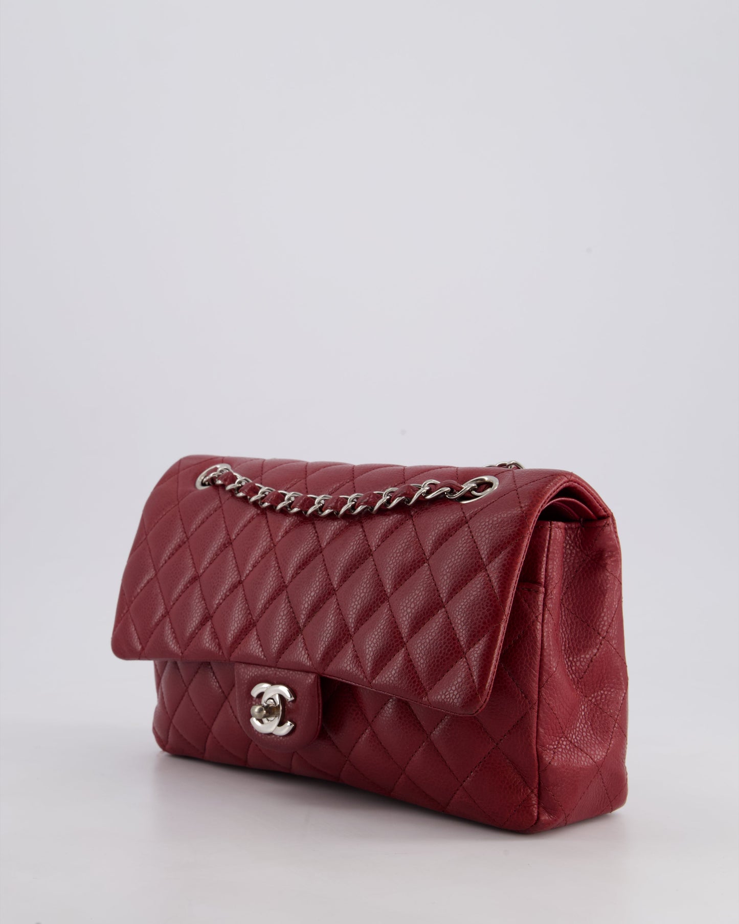 Chanel Burgundy Classic Medium Double Flap Bag in Caviar Leather with Silver Hardware