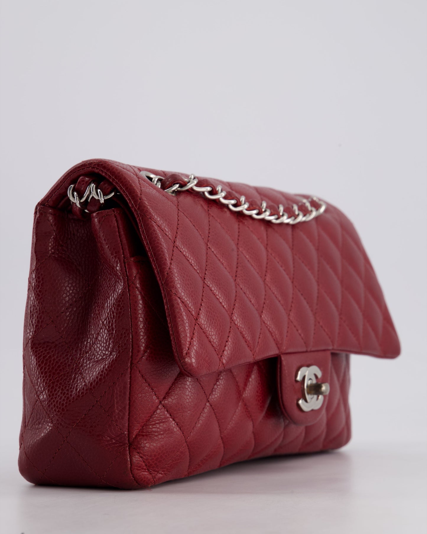 Chanel Burgundy Classic Medium Double Flap Bag in Caviar Leather with Silver Hardware