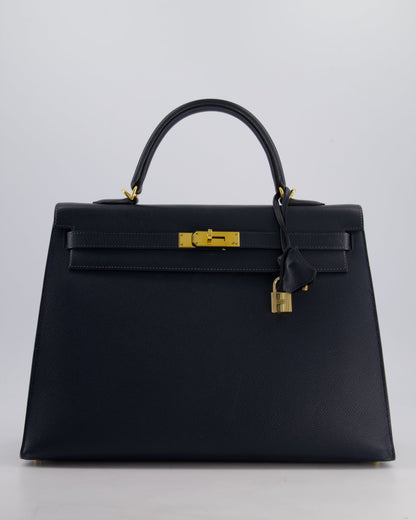 Hermès Vintage Kelly Sellier 35cm Bag in Blue Indigo Courchevel Leather with Gold Hardware