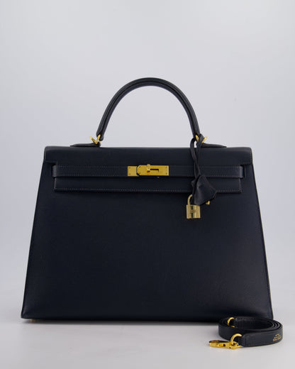 Hermès Vintage Kelly Sellier 35cm Bag in Blue Indigo Courchevel Leather with Gold Hardware
