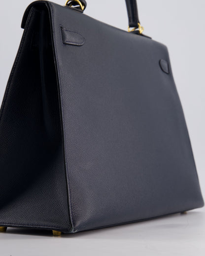 Hermès Vintage Kelly Sellier 35cm Bag in Blue Indigo Courchevel Leather with Gold Hardware