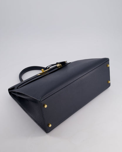 Hermès Vintage Kelly Sellier 35cm Bag in Blue Indigo Courchevel Leather with Gold Hardware