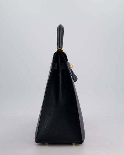 Hermès Vintage Kelly Sellier 35cm Bag in Blue Indigo Courchevel Leather with Gold Hardware