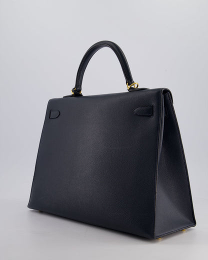 Hermès Vintage Kelly Sellier 35cm Bag in Blue Indigo Courchevel Leather with Gold Hardware