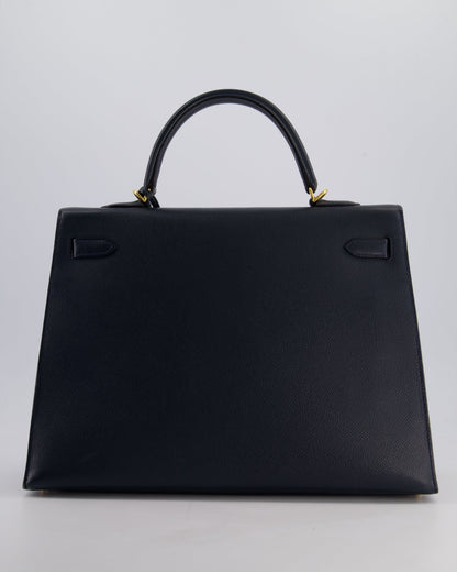 Hermès Vintage Kelly Sellier 35cm Bag in Blue Indigo Courchevel Leather with Gold Hardware