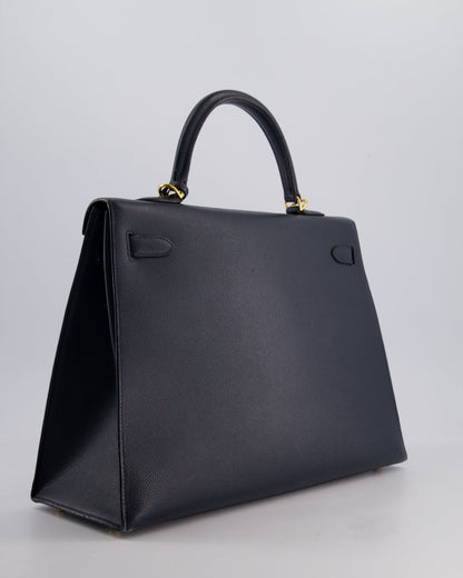 Hermès Vintage Kelly Sellier 35cm Bag in Blue Indigo Courchevel Leather with Gold Hardware