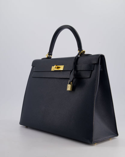 Hermès Vintage Kelly Sellier 35cm Bag in Blue Indigo Courchevel Leather with Gold Hardware