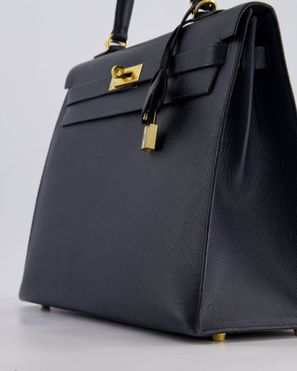 Hermès Vintage Kelly Sellier 35cm Bag in Blue Indigo Courchevel Leather with Gold Hardware