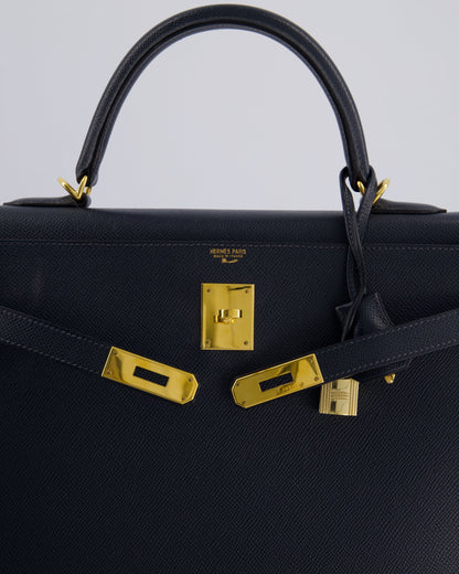 Hermès Vintage Kelly Sellier 35cm Bag in Blue Indigo Courchevel Leather with Gold Hardware