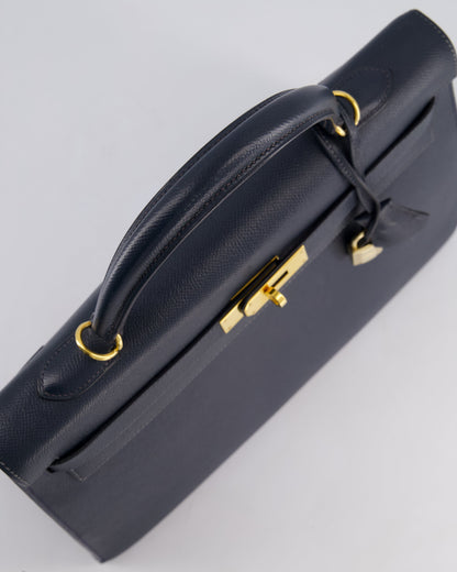 Hermès Vintage Kelly Sellier 35cm Bag in Blue Indigo Courchevel Leather with Gold Hardware