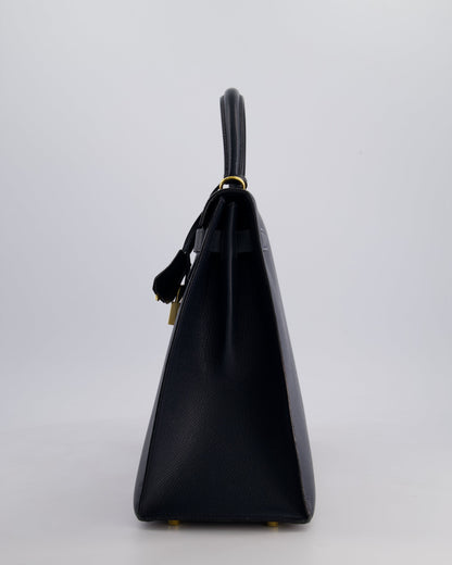 Hermès Vintage Kelly Sellier 35cm Bag in Blue Indigo Courchevel Leather with Gold Hardware