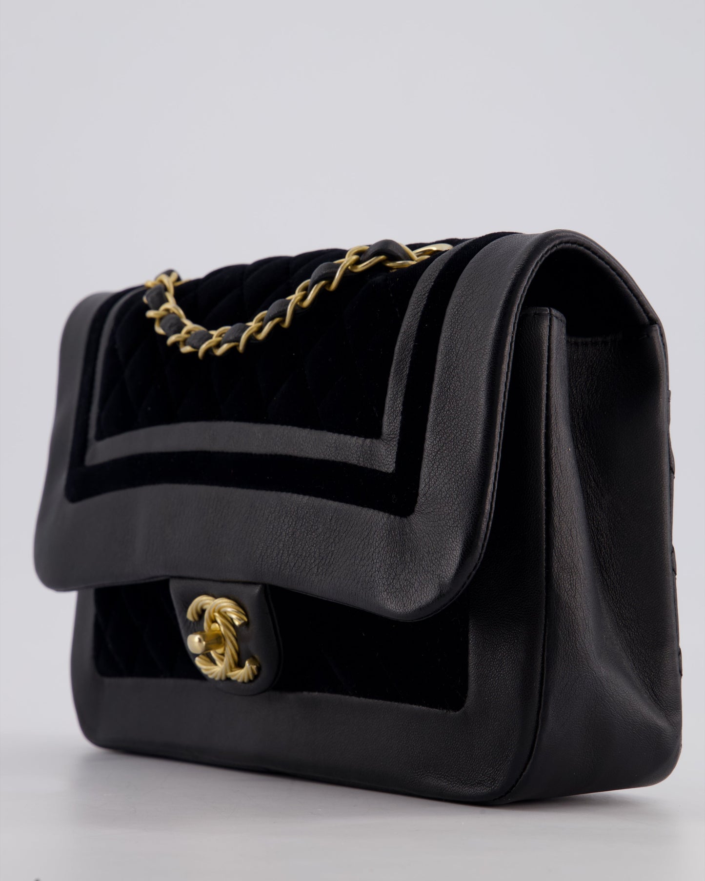 Chanel Black Medium Flap Bag in Lambskin Leather and Velvet with Rope CC Logo Detail