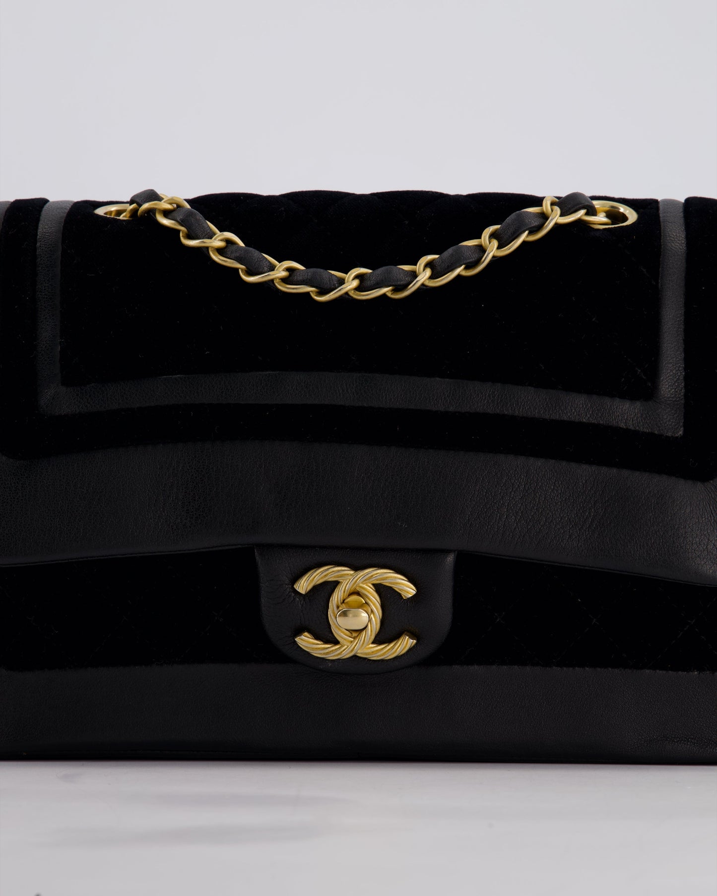 Chanel Black Medium Flap Bag in Lambskin Leather and Velvet with Rope CC Logo Detail