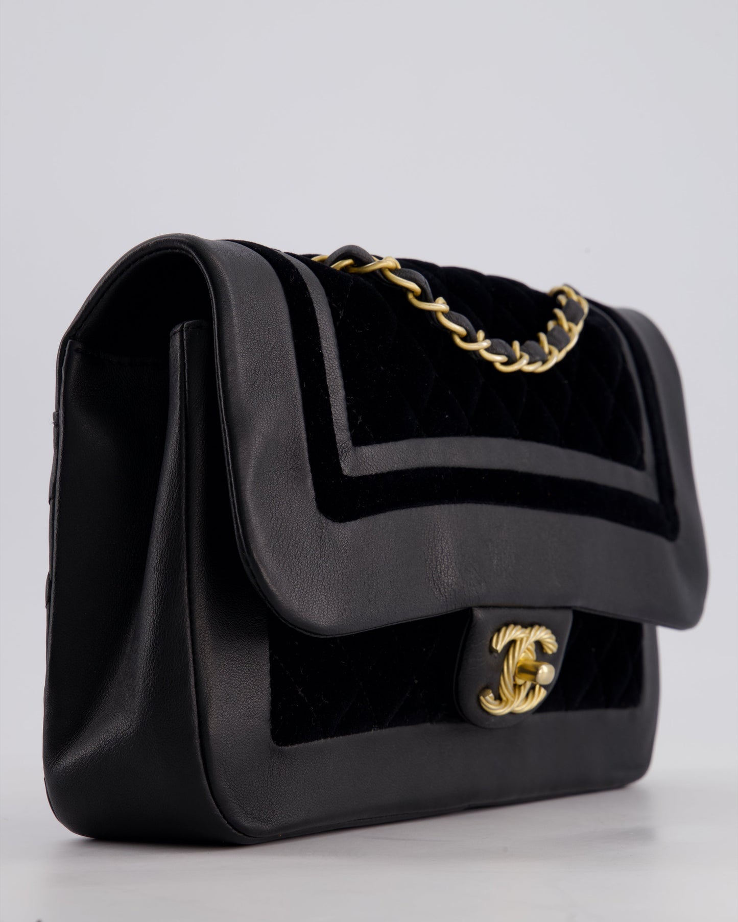 Chanel Black Medium Flap Bag in Lambskin Leather and Velvet with Rope CC Logo Detail