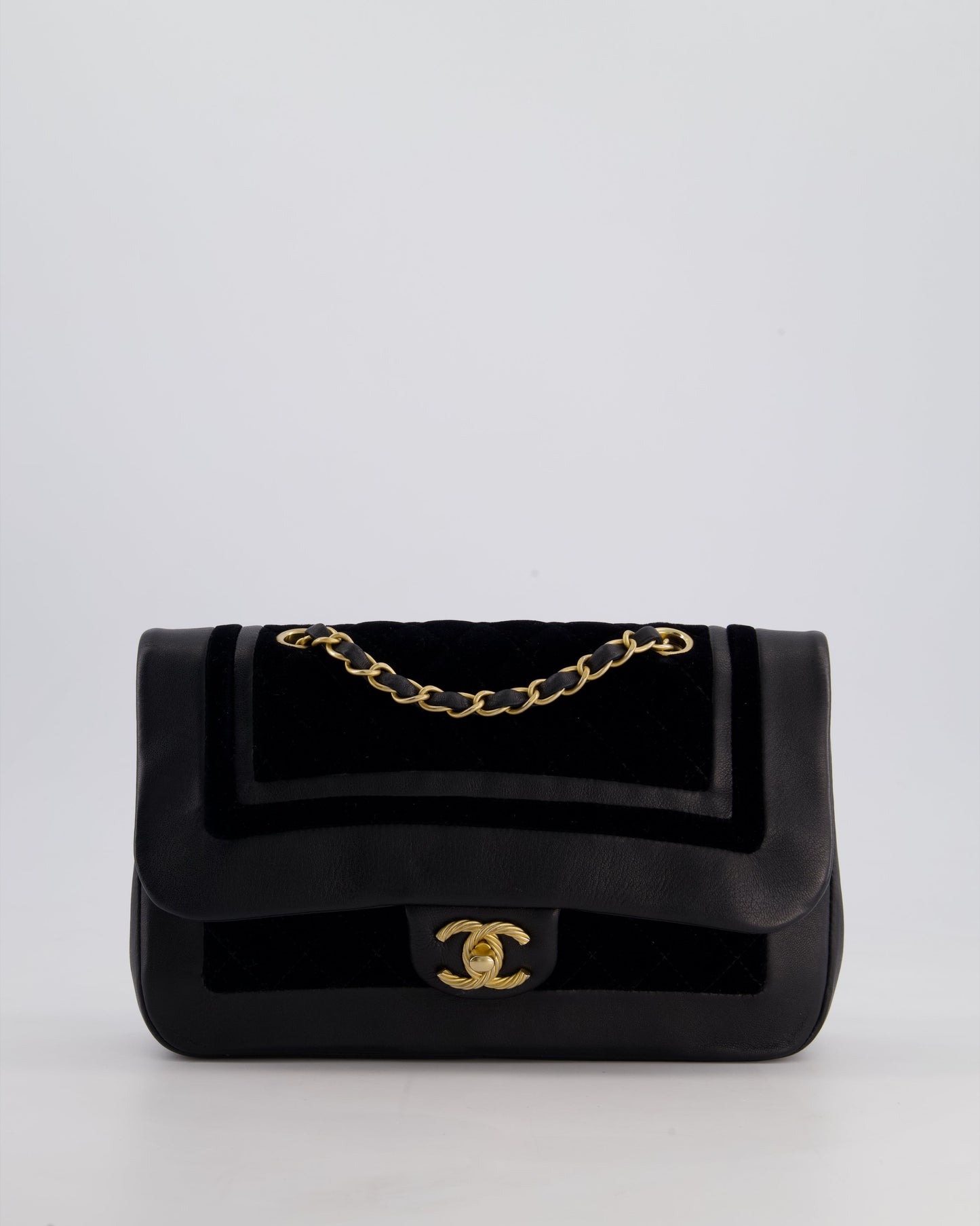 Chanel Black Medium Flap Bag in Lambskin Leather and Velvet with Rope CC Logo Detail