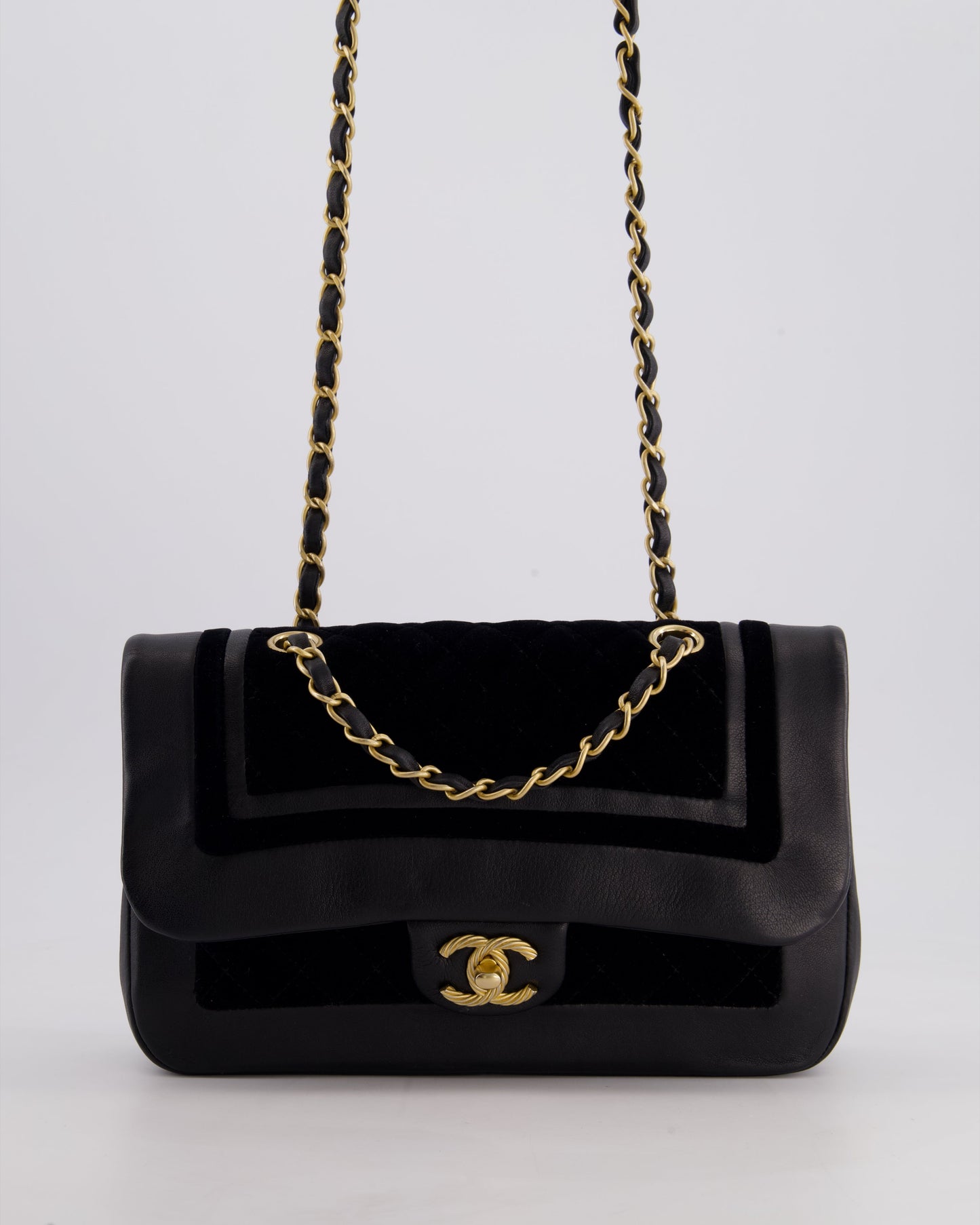 Chanel Black Medium Flap Bag in Lambskin Leather and Velvet with Rope CC Logo Detail