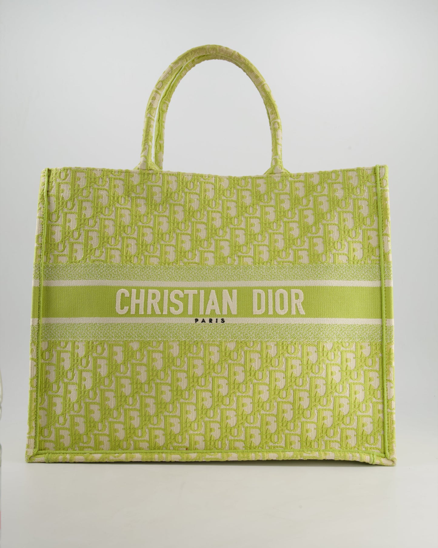 Christian Dior Ecru and Lime Dior Oblique Embroidery Canvas Large Book Tote Bag