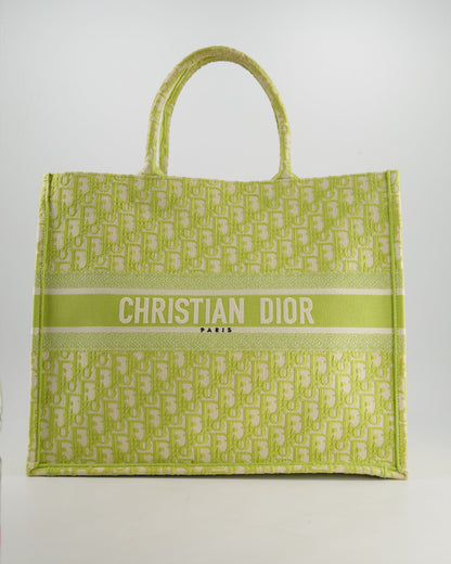 Christian Dior Ecru and Lime Dior Oblique Embroidery Canvas Large Book Tote Bag