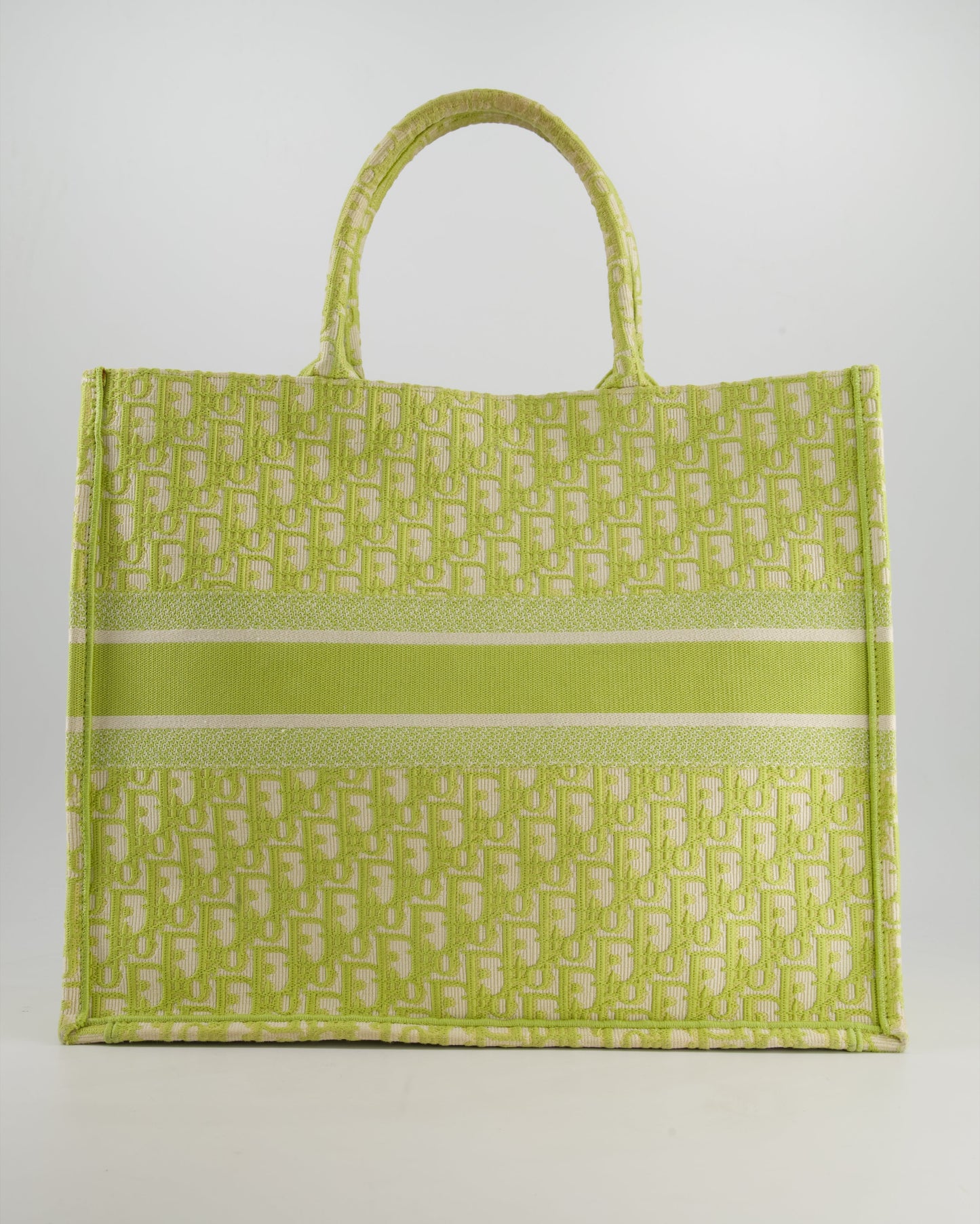 Christian Dior Ecru and Lime Dior Oblique Embroidery Canvas Large Book Tote Bag