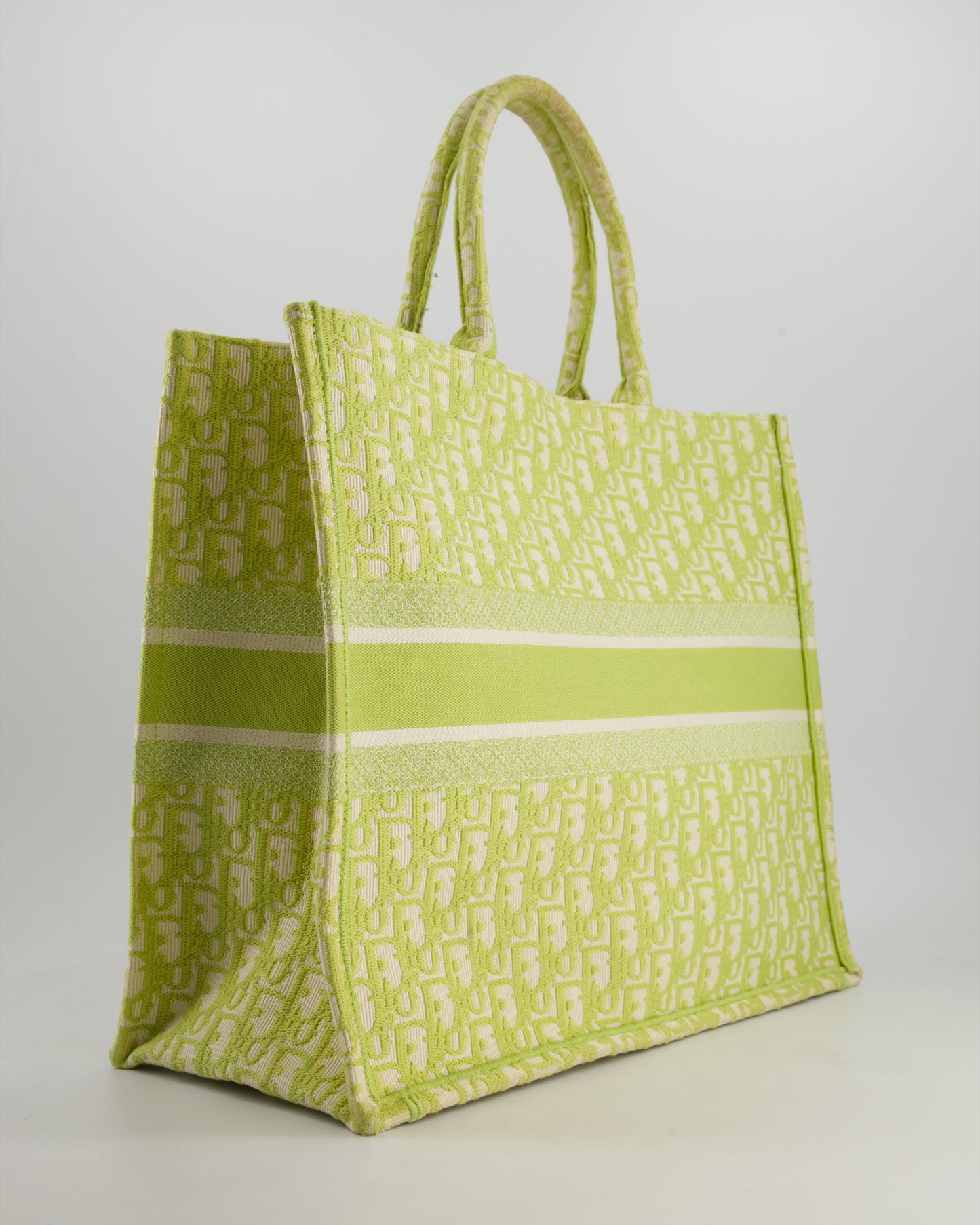 Christian Dior Ecru and Lime Dior Oblique Embroidery Canvas Large Book Tote Bag