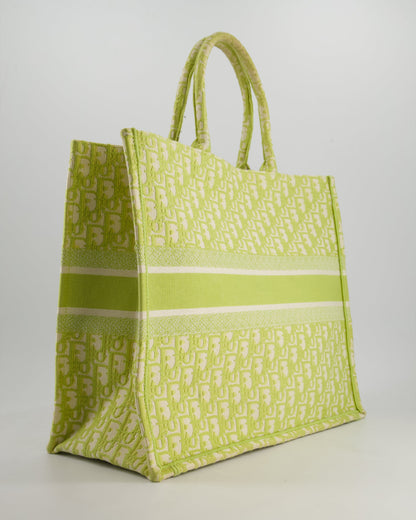 Christian Dior Ecru and Lime Dior Oblique Embroidery Canvas Large Book Tote Bag