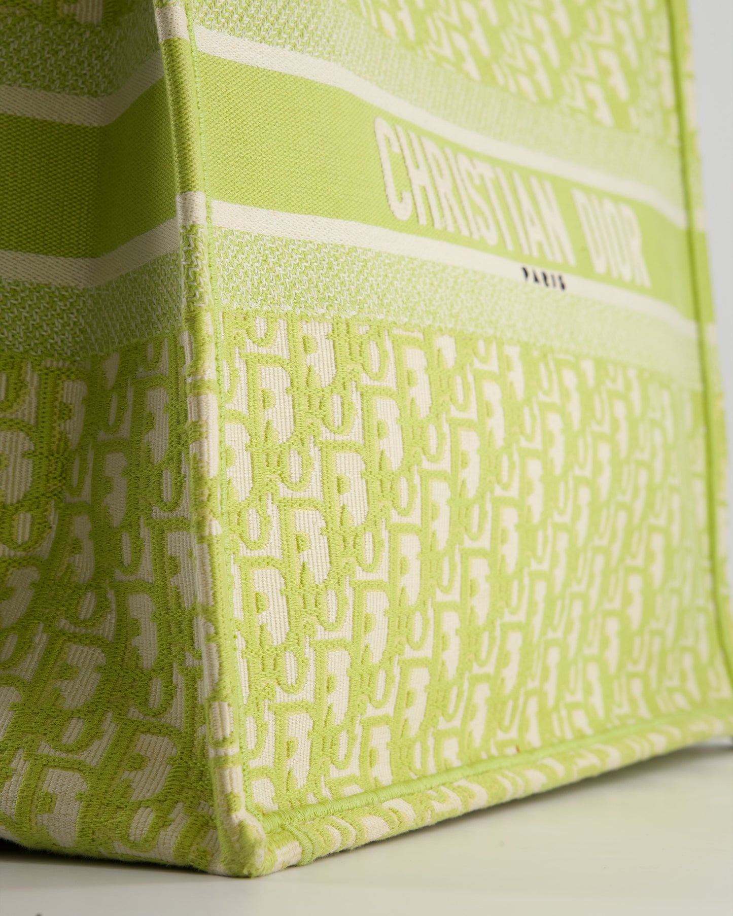 Christian Dior Ecru and Lime Dior Oblique Embroidery Canvas Large Book Tote Bag