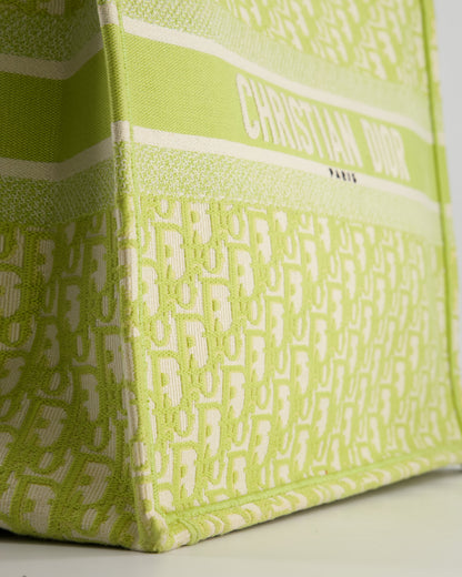 Christian Dior Ecru and Lime Dior Oblique Embroidery Canvas Large Book Tote Bag
