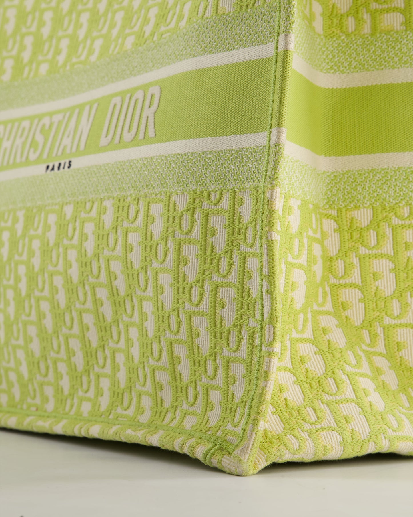 Christian Dior Ecru and Lime Dior Oblique Embroidery Canvas Large Book Tote Bag